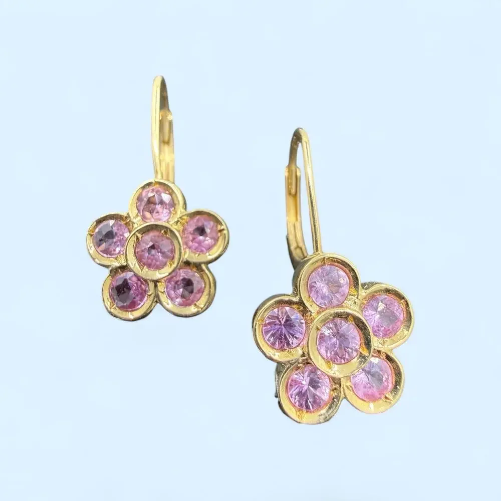 14k Yellow Gold Natural Pink Sapphire Flower Earrings Leverback Daisies Daisy